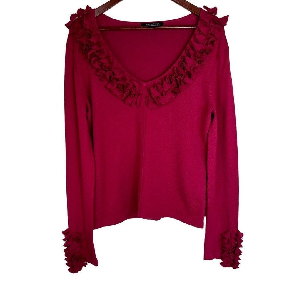 Etcetera Womens‎ Silk Cashmere Red 3D Knit Vneck Sweater w Longsleeves Large